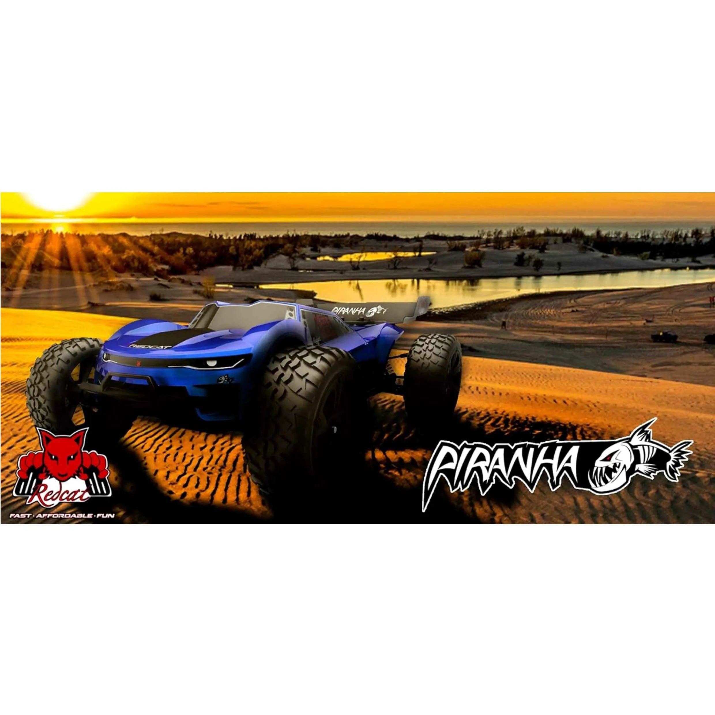 Blue RC truggy on a desert track with 'Aranga' branding and sunset background