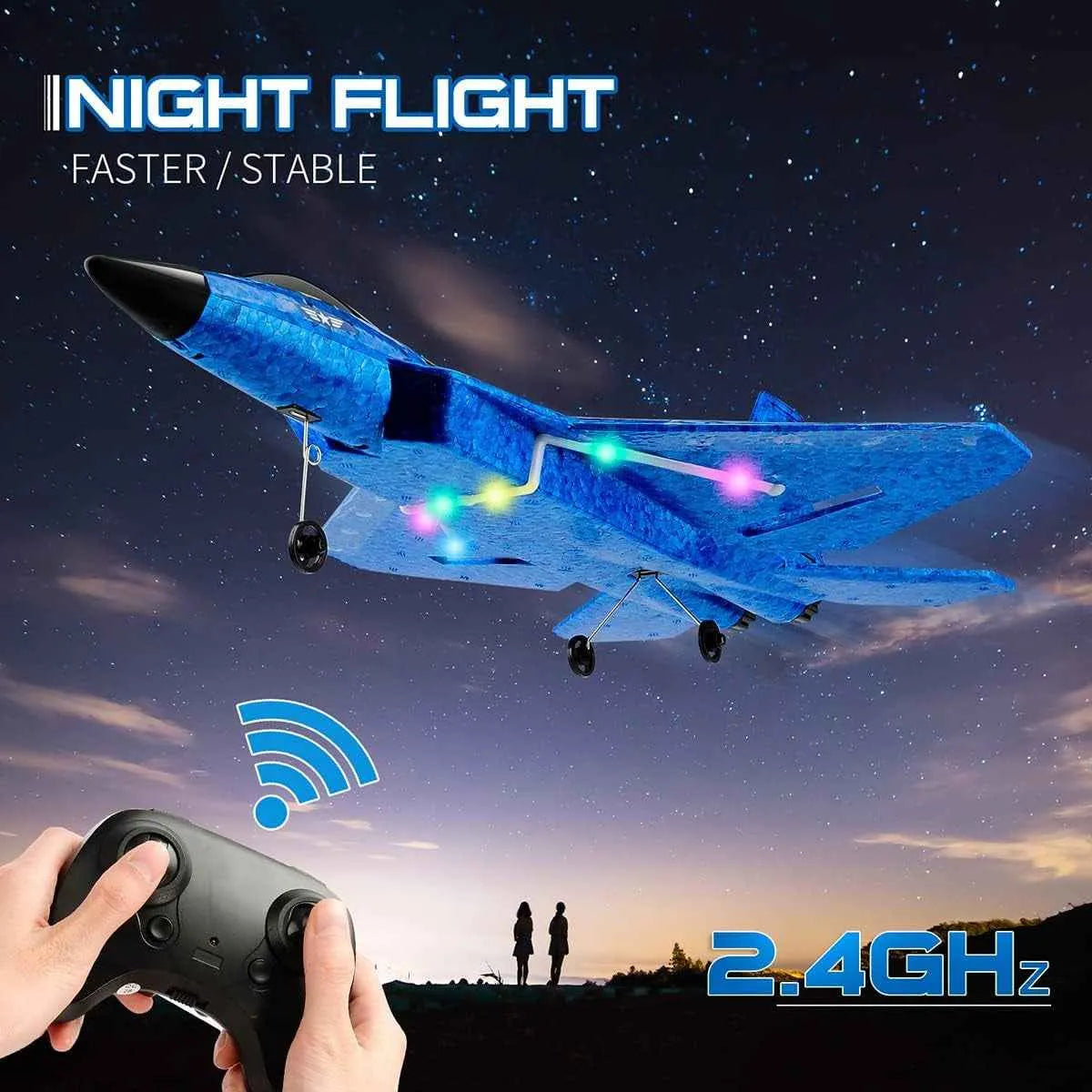 Blue remote-controlled airplane flying at night with a control remote held by a hand, against a starry sky.