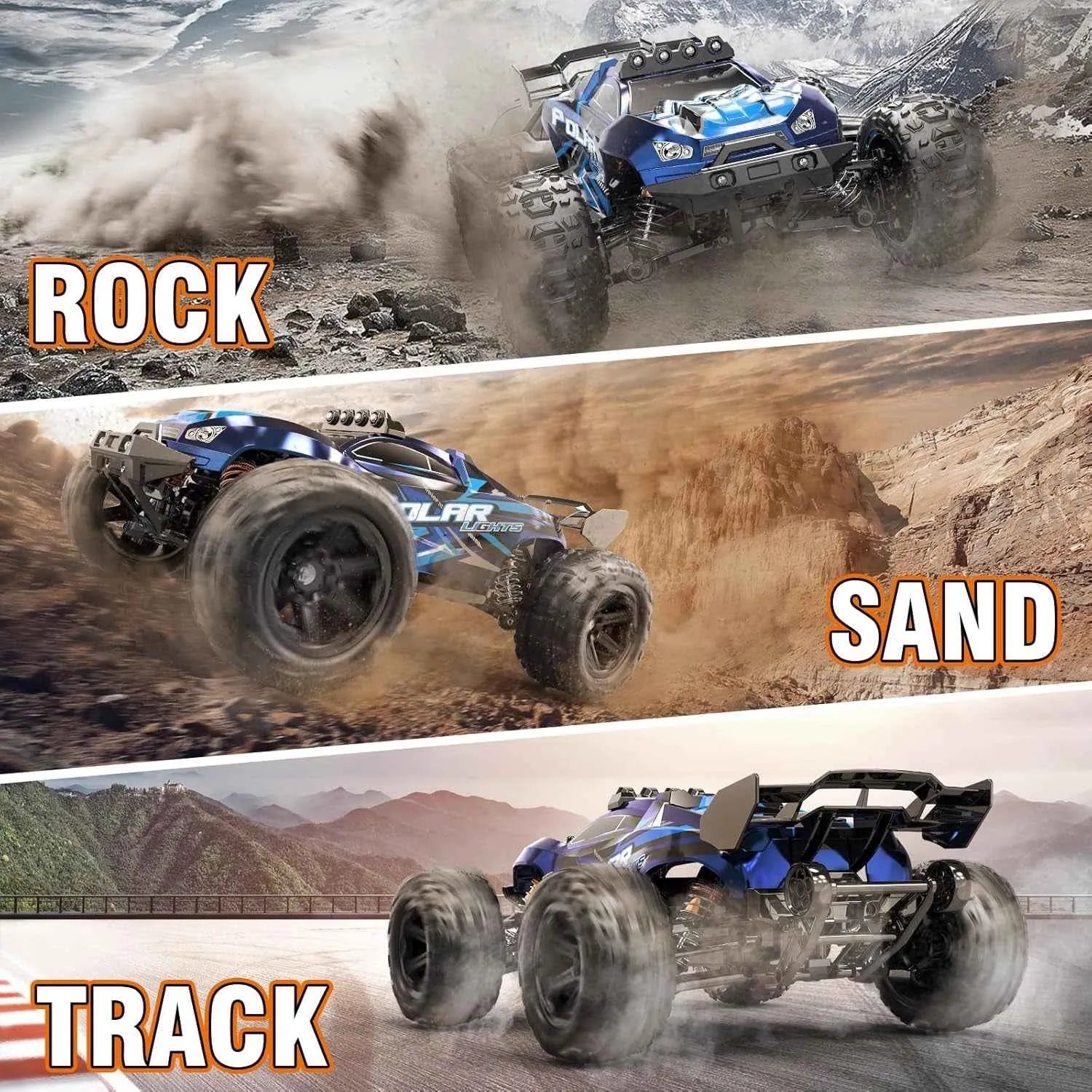 Blue remote-controlled monster truck on different terrains with labels 'Rock', 'Sand', and 'Track'.