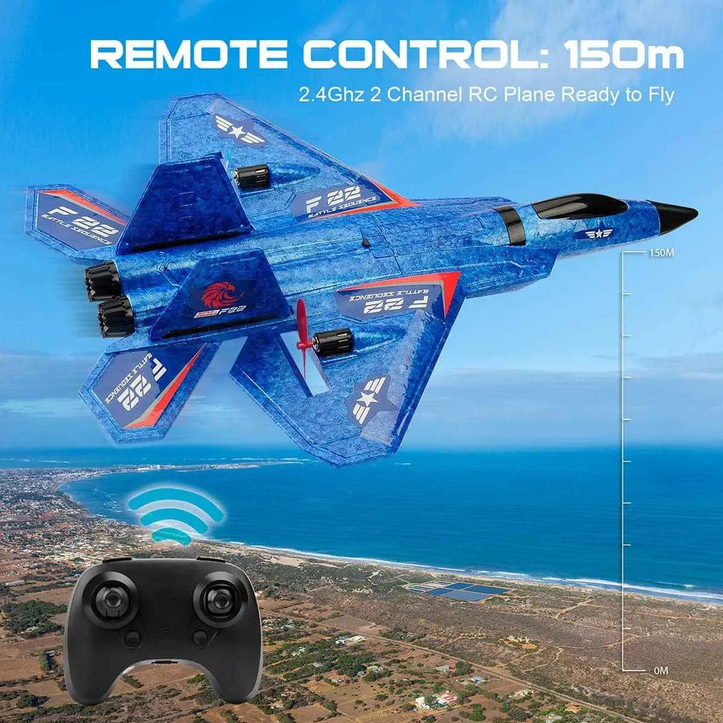 Blue remote control airplane with a controller on a scenic background