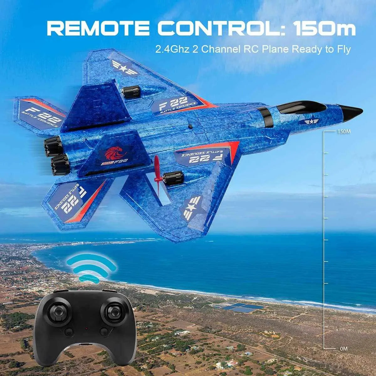 Blue remote control airplane with a controller on a scenic background