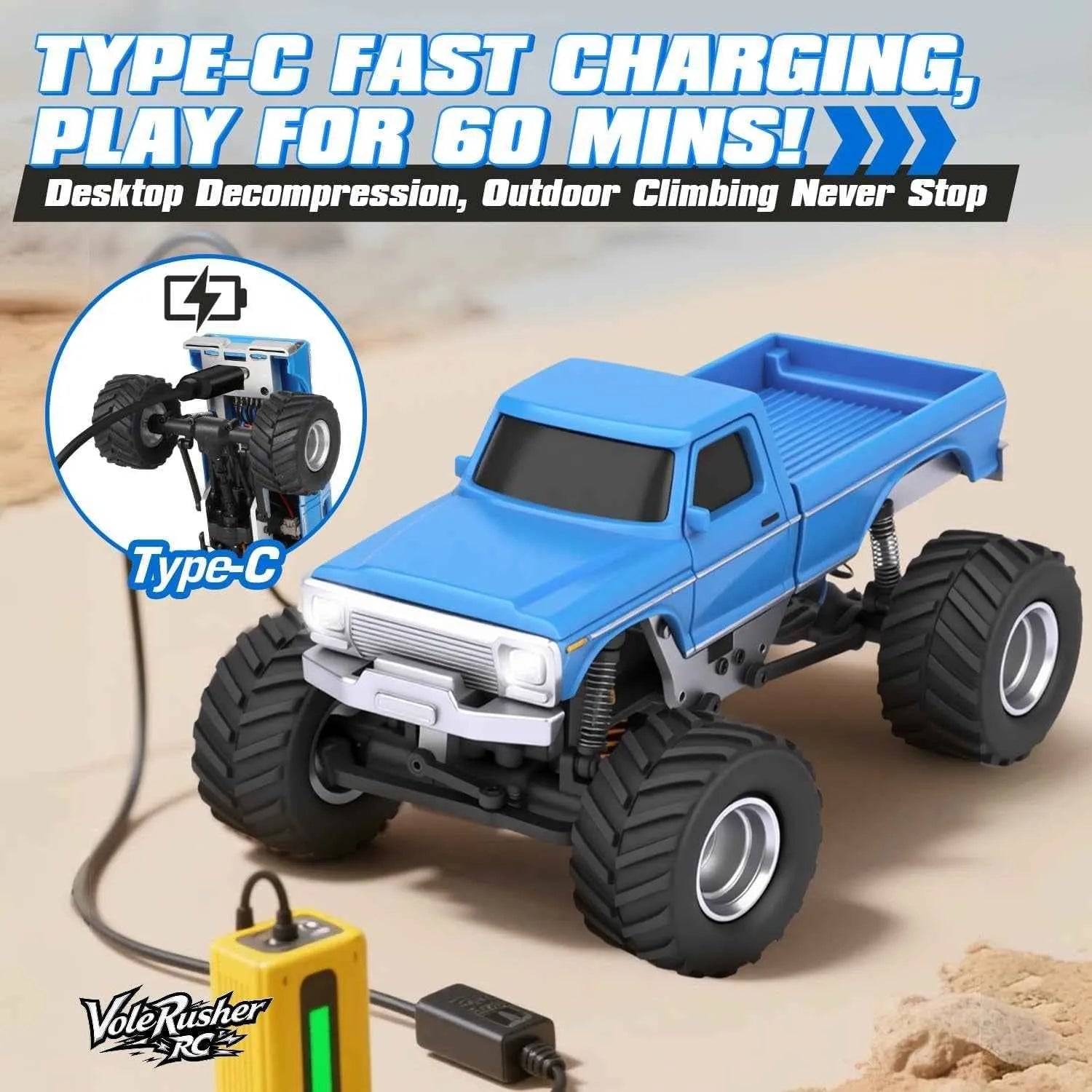 Blue remote control crawler with charging cable on a beige surface, featuring VileRusher RC branding.