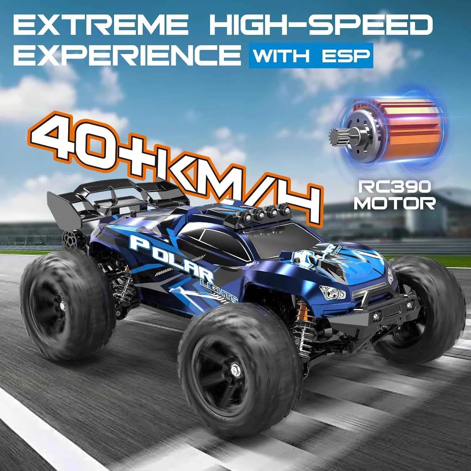 Blue remote control car with text about speed and features on a blurred track background