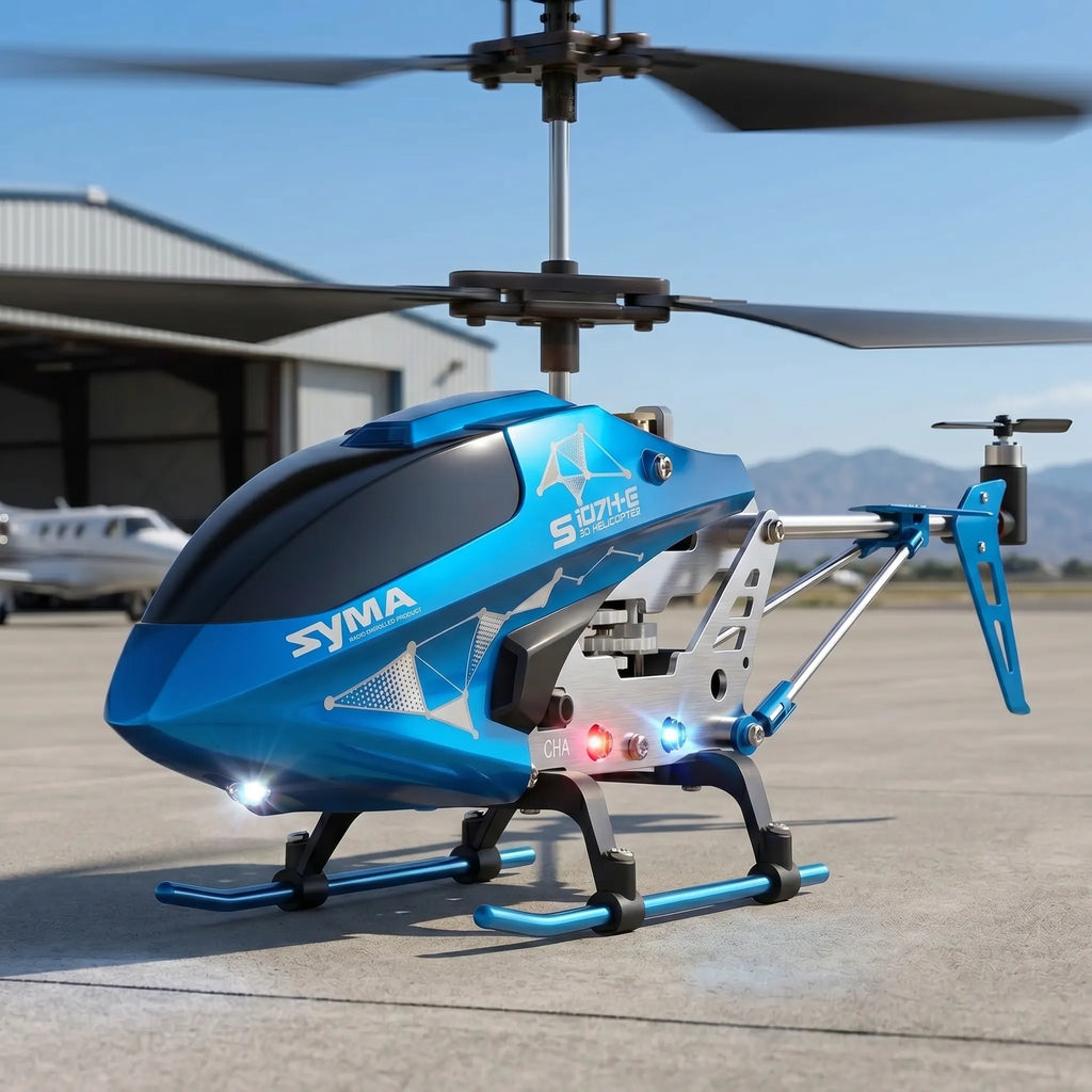Blue Syma helicopter on a tarmac with mountains in the background