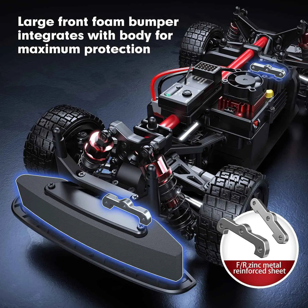 Brushless RC truck chassis with 4WD drivetrain, reinforced front bumper and durable frame for RC drift car performance