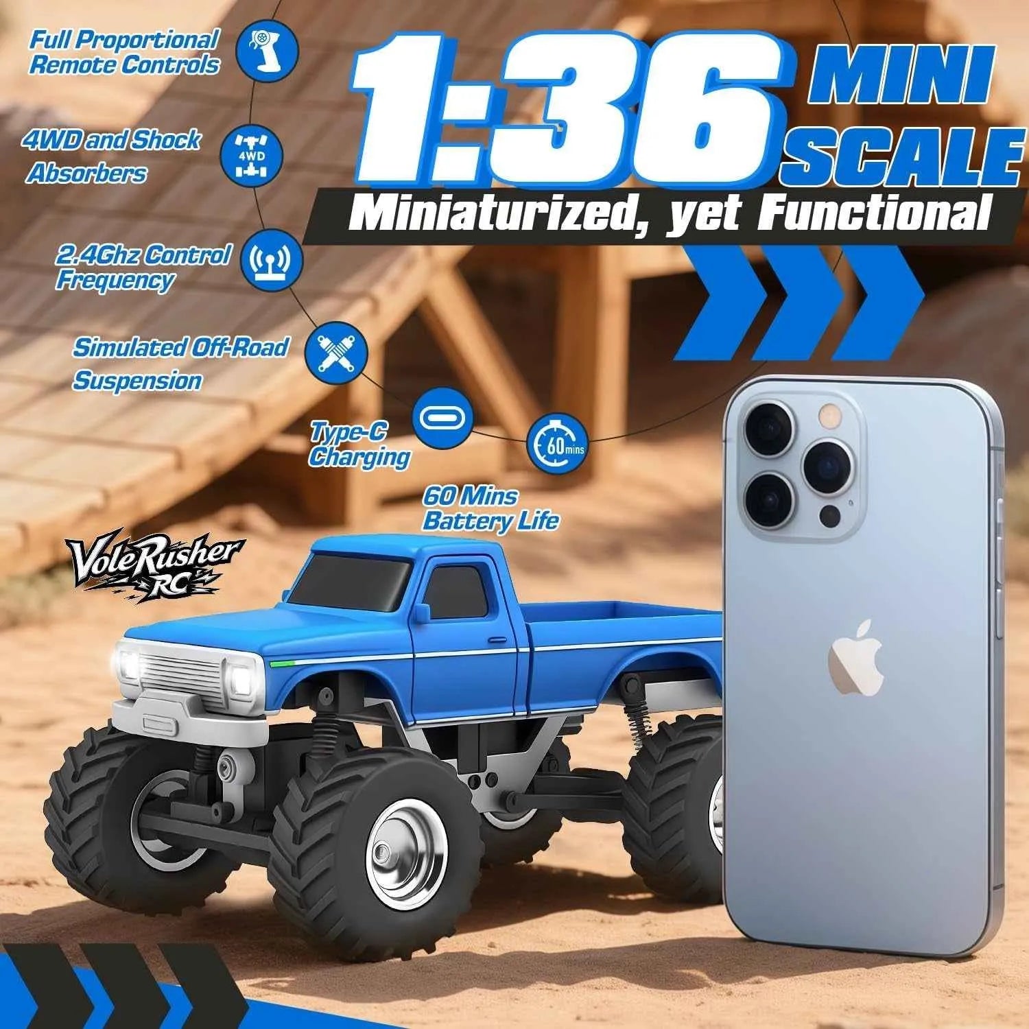 Blue rc crawler next to a smartphone on a sandy background with product features highlighted.