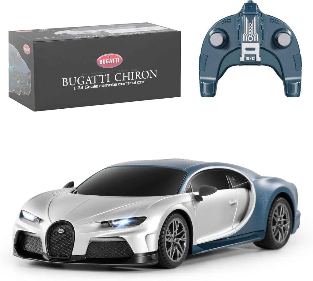 Bugatti Chiron remote control car with packaging and controller on a white background