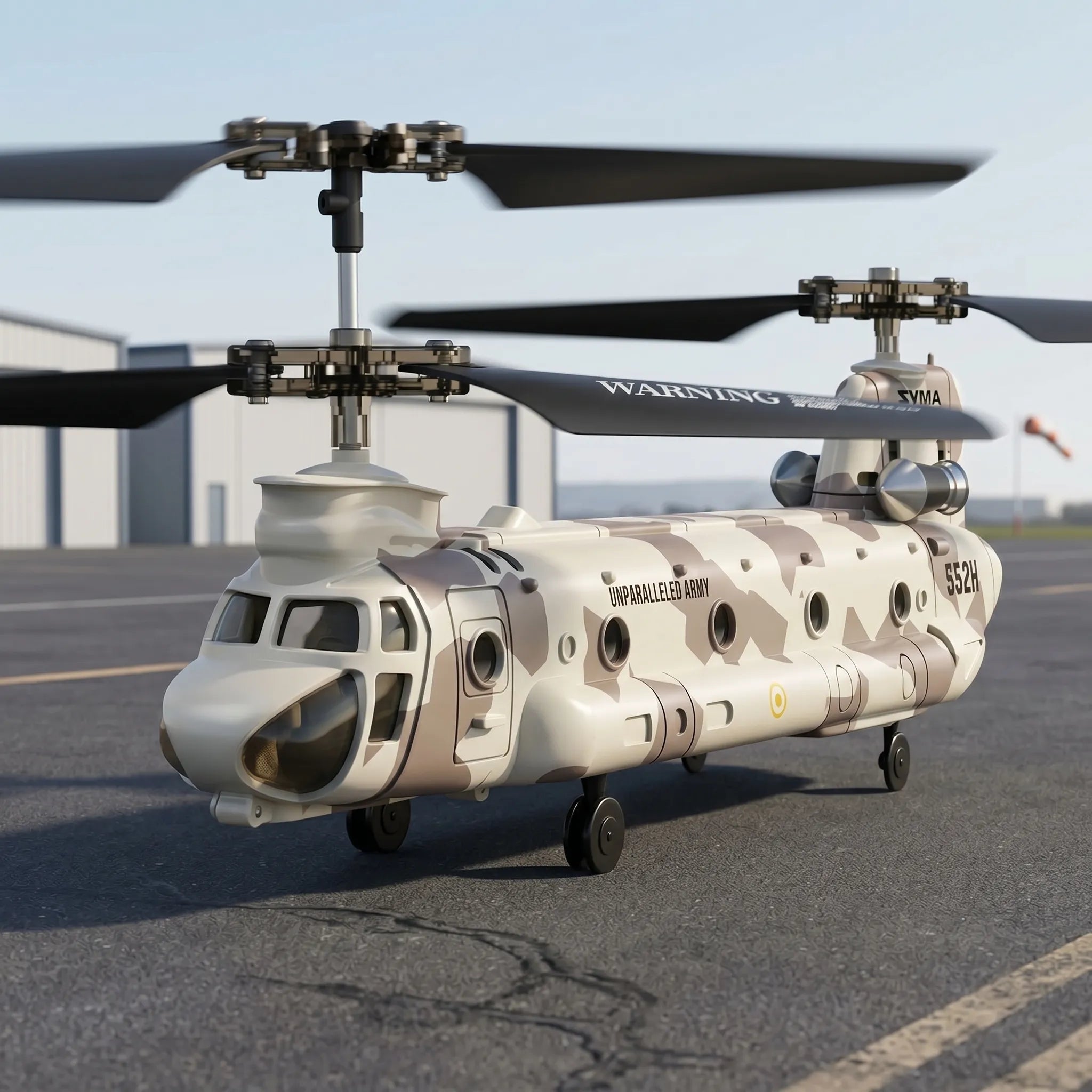 Camouflage RC helicopter model on a tarmac with clear sky