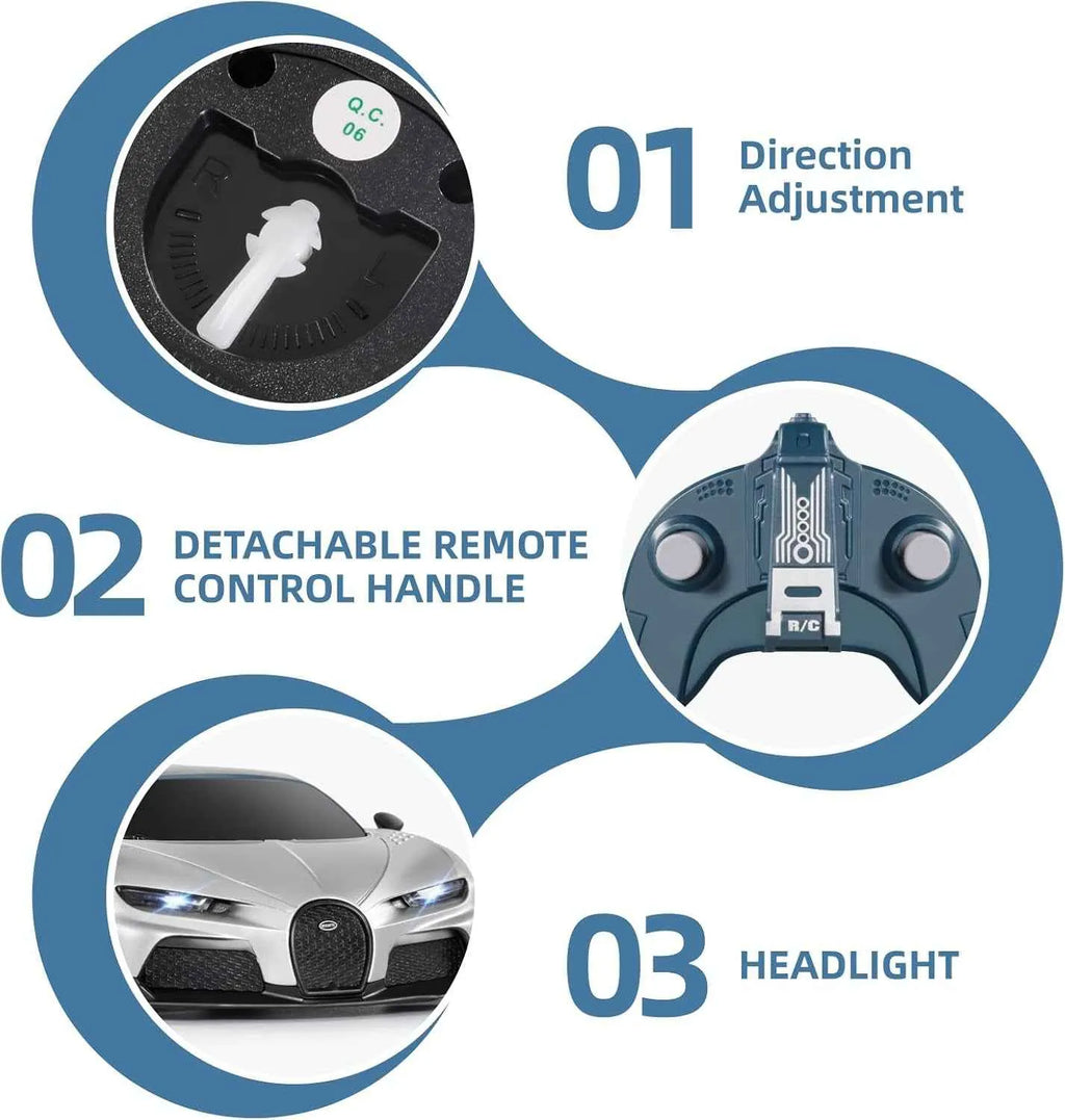 Car headlights with detachable remote control handle and direction adjustment feature on a white background.