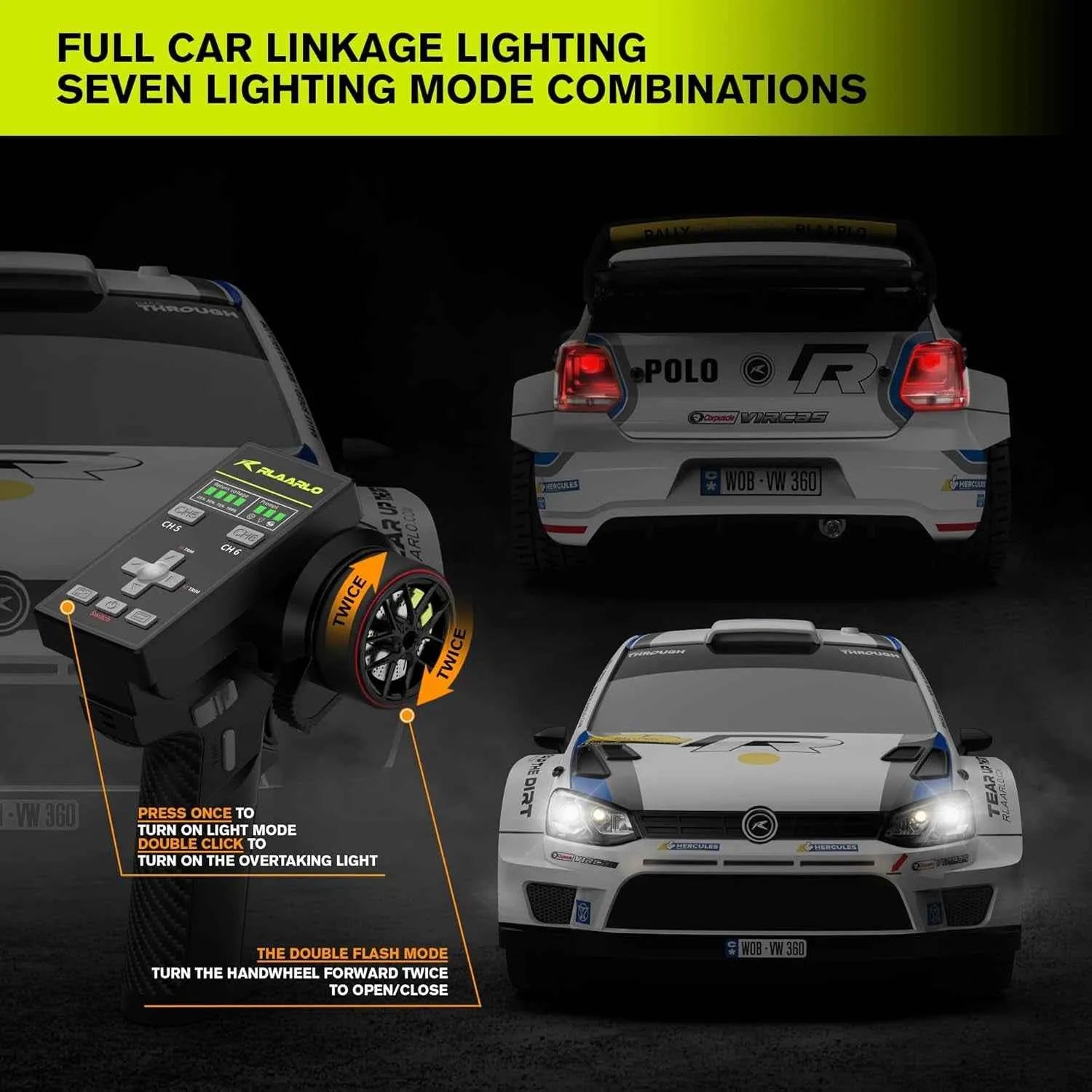 Car linkage lighting system with remote control and car models showing different lighting modes.