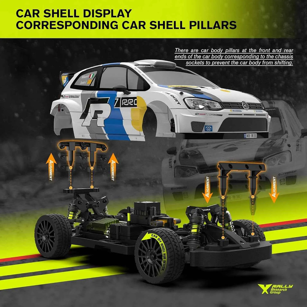 Car shell display with corresponding car shell pillars and chassis components.