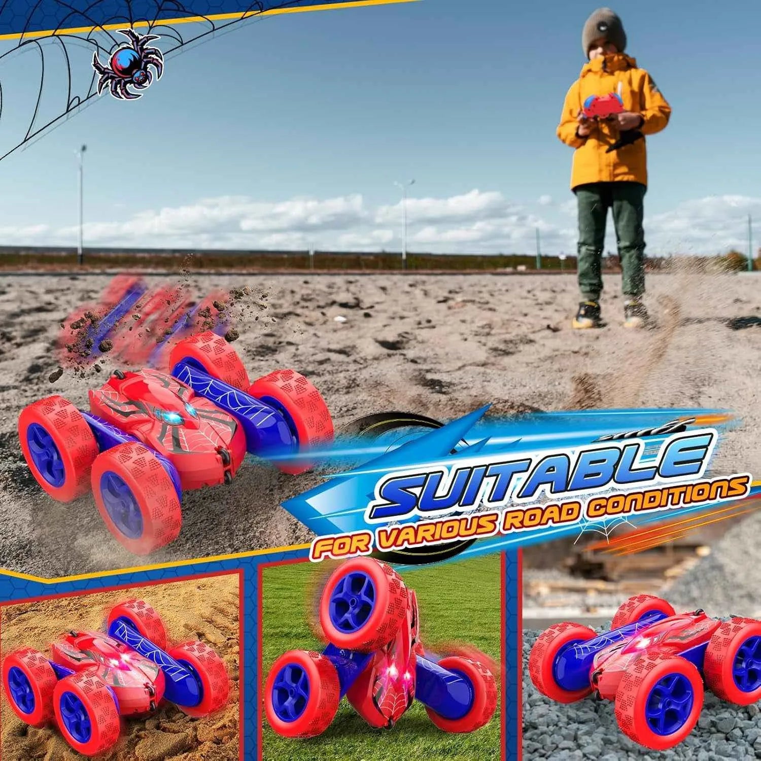 Child controlling a remote control stunt car on a dirt road with promotional text about its suitability for various road conditions.