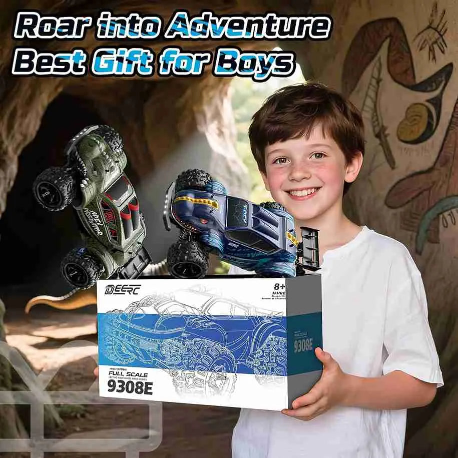 Child holding a monster truck and packaging with text 'Roar into Adventure Best Gift for Boys' in front of a cave-like background.