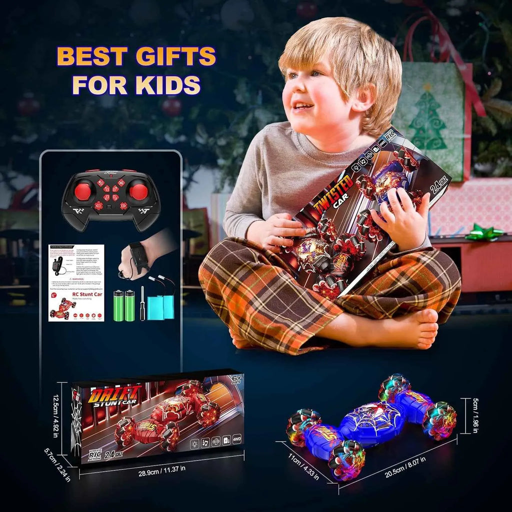 Child holding a RC stunt car with remote control, surrounded by product packaging and specifications.