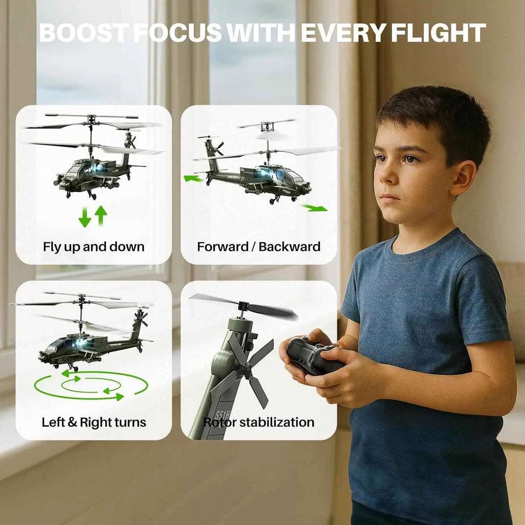 Child holding a remote control with helicopter illustrations and text about flight features.