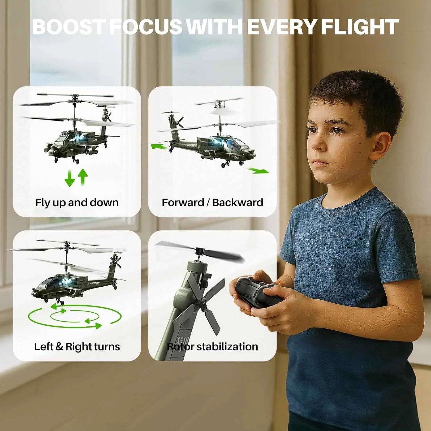 Child holding a remote control with helicopter illustrations and text about flight features.