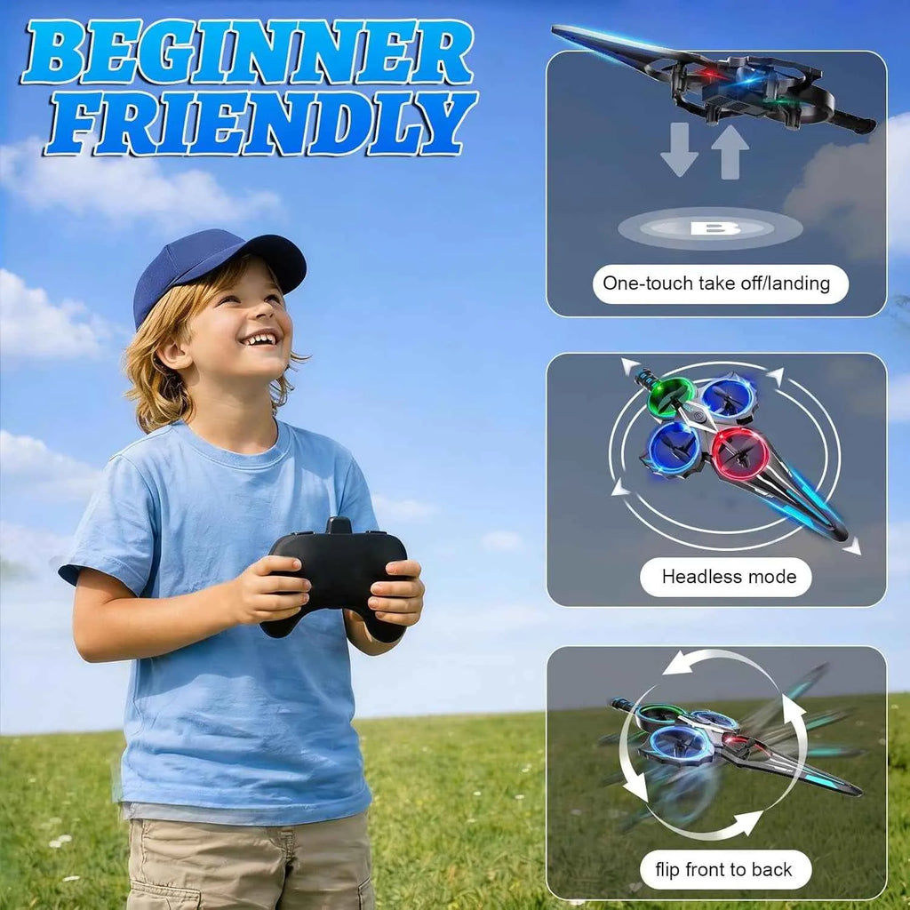 Child holding a remote control with images of a RC sword plane and text about its features on a blue sky background.