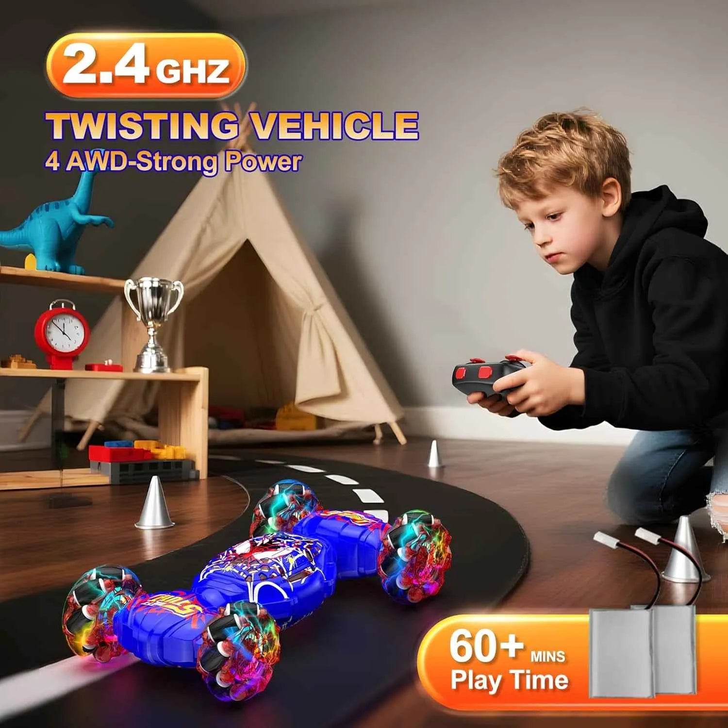 Child playing with a colorful RC stunt car in a room with a teepee and toys.