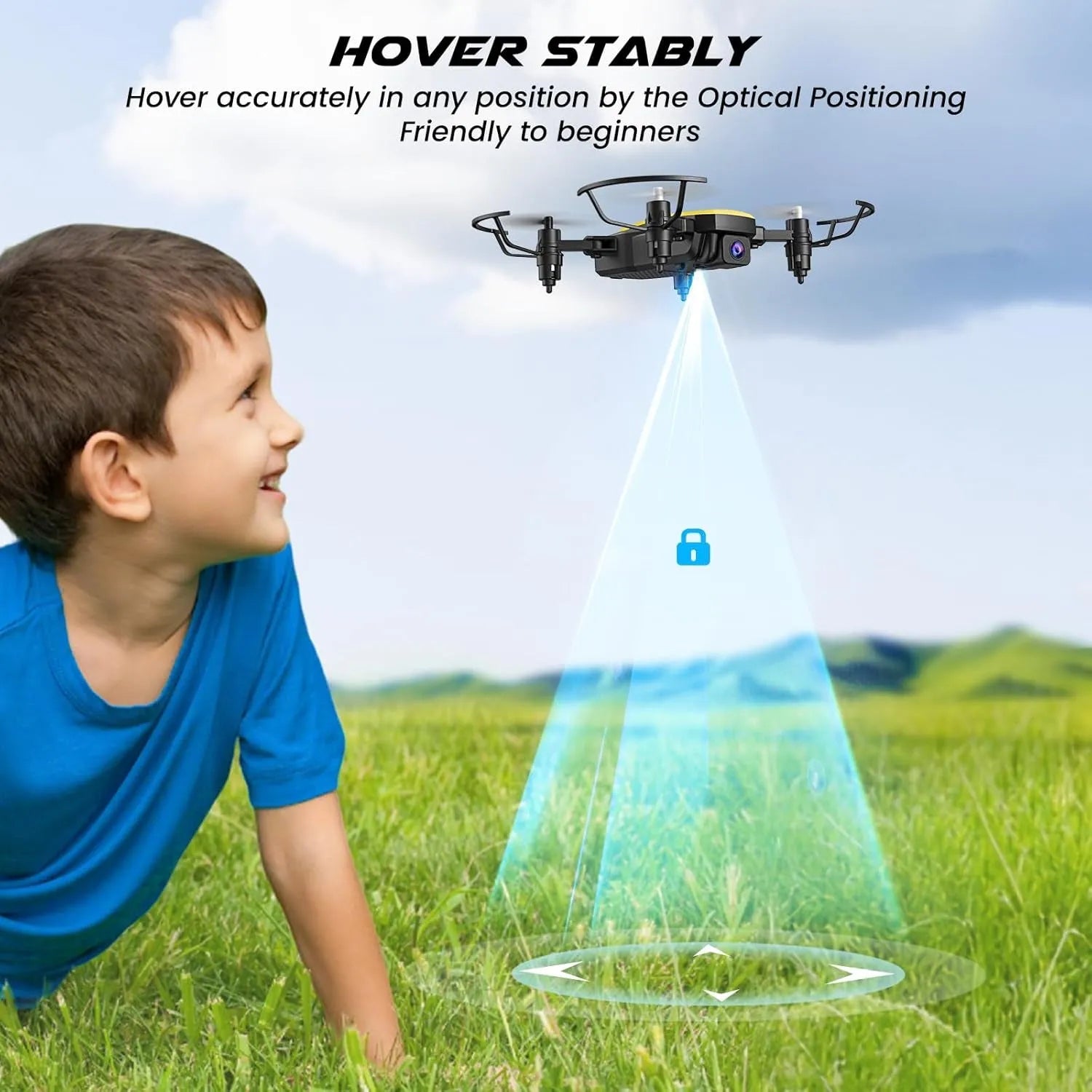Child playing with a drone on grass, with text about hover stability and optical positioning.
