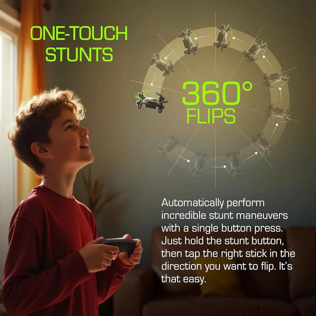 Child playing with a gaming controller, with text about one-touch stunts and 360-degree flips.