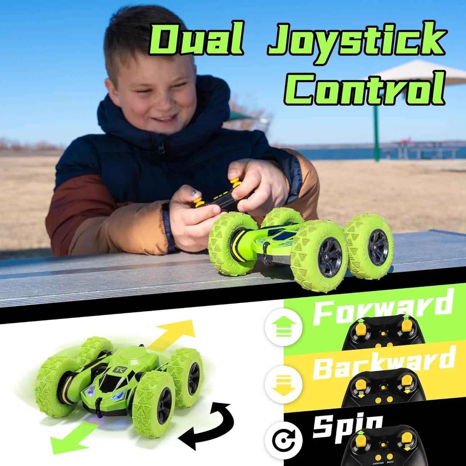 Child playing with a green stunt vehicle controlled by dual joysticks, with text indicating joystick control and movement directions.