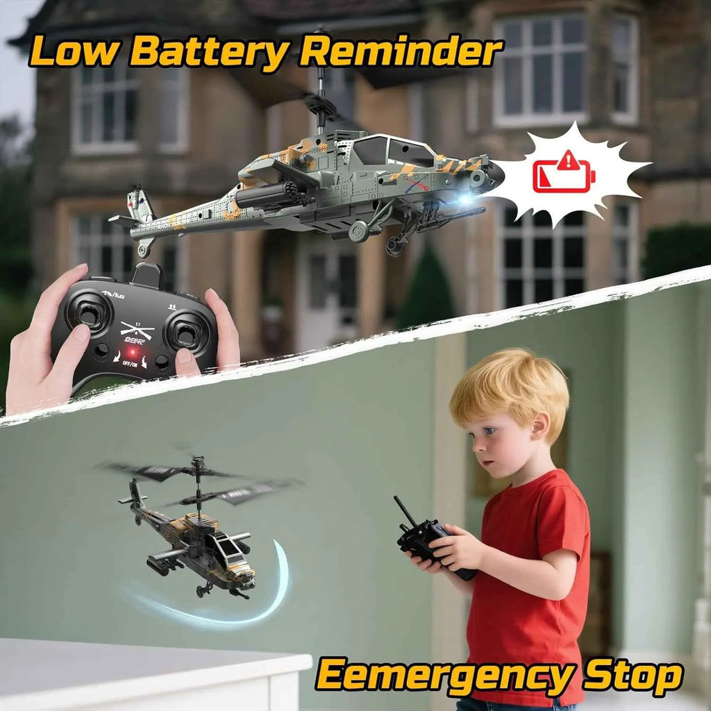 Child playing with a remote control helicopter, with text about low battery reminder and emergency stop.