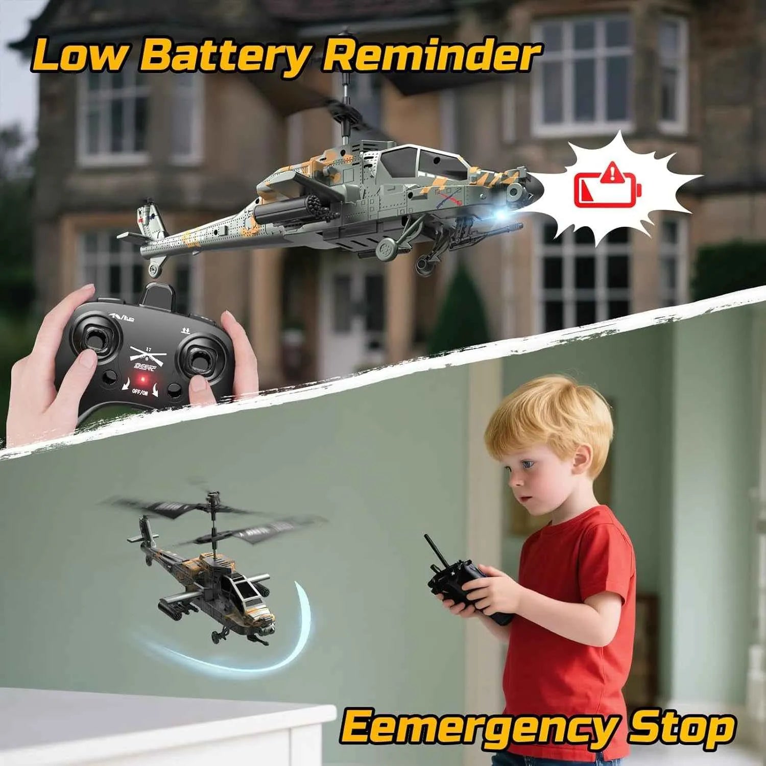 Child playing with a remote control helicopter, with text about low battery reminder and emergency stop.