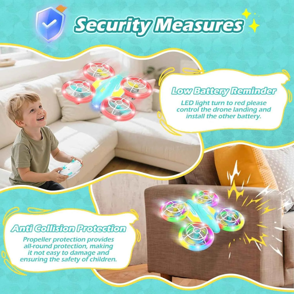 Child playing with an RC toy drone on a couch, with text about security measures.