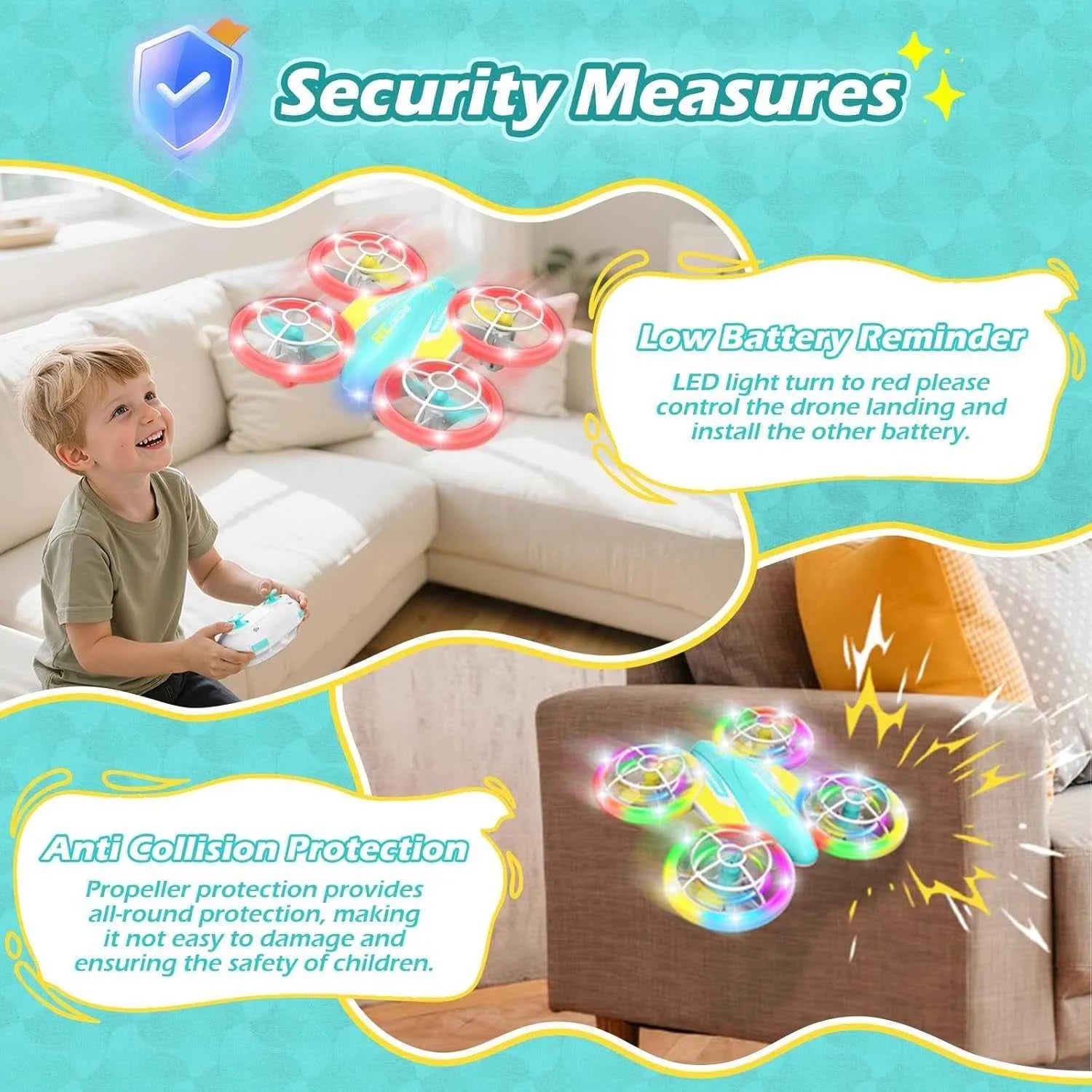 Child playing with an RC toy drone on a couch, with text about security measures.
