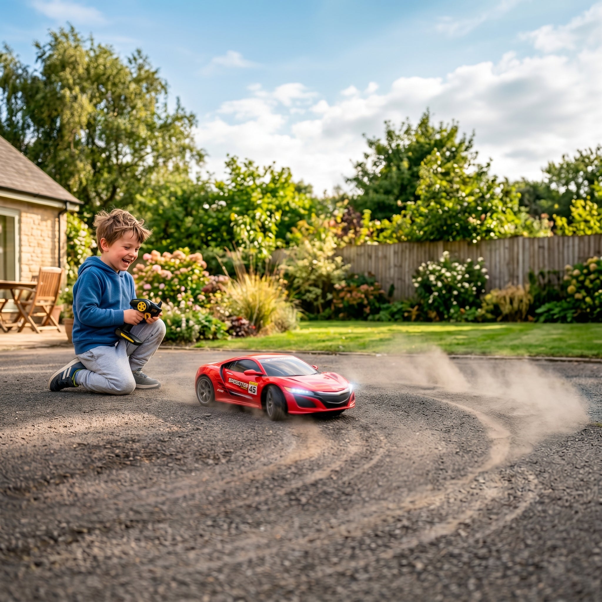 Child playing with a red RC car on a driveway