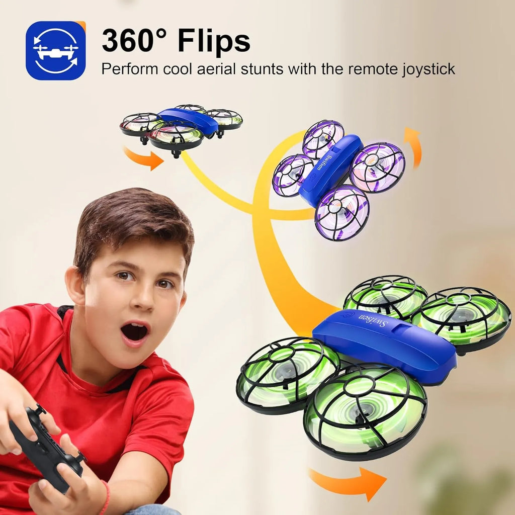 Child playing with a remote control drone, performing 360-degree flips.