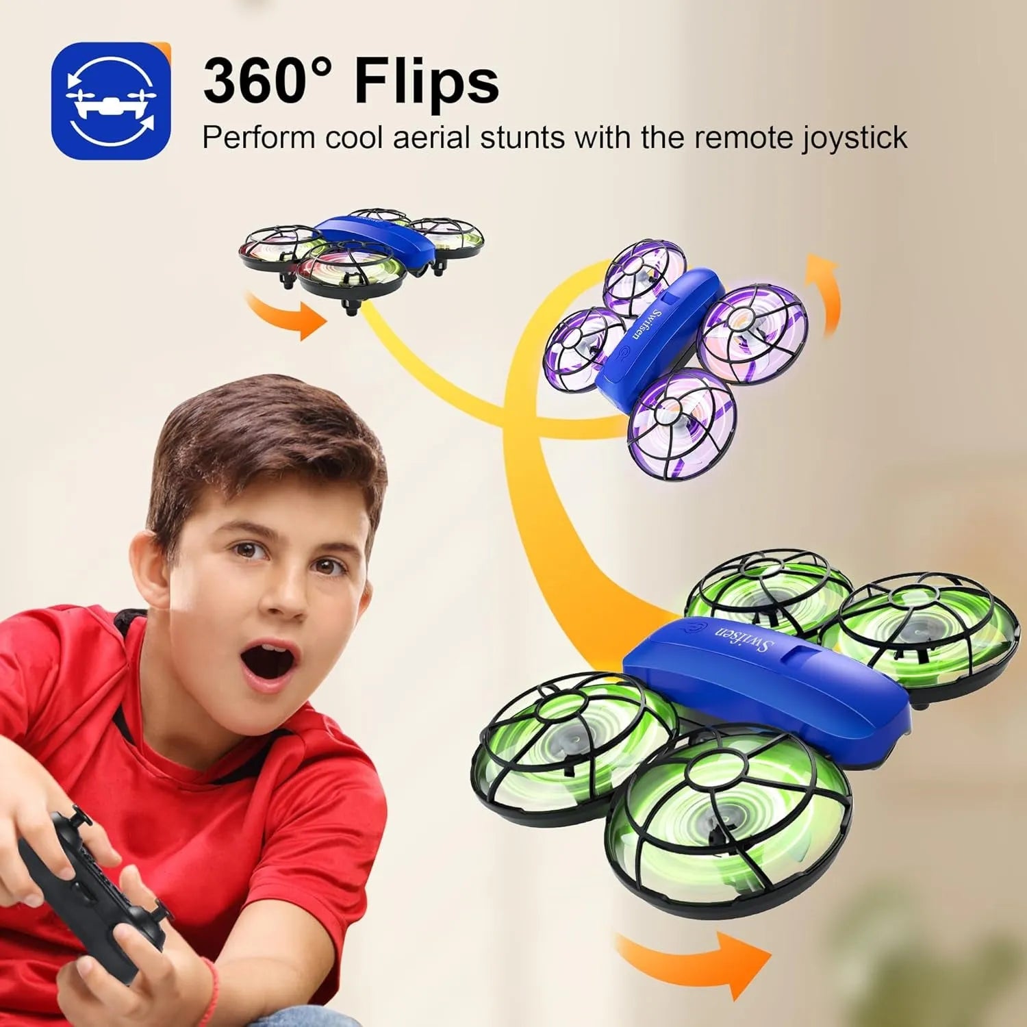 Child playing with a remote control drone, performing 360-degree flips.
