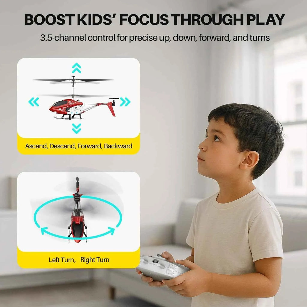 Child playing with a remote control helicopter toy in a room.
