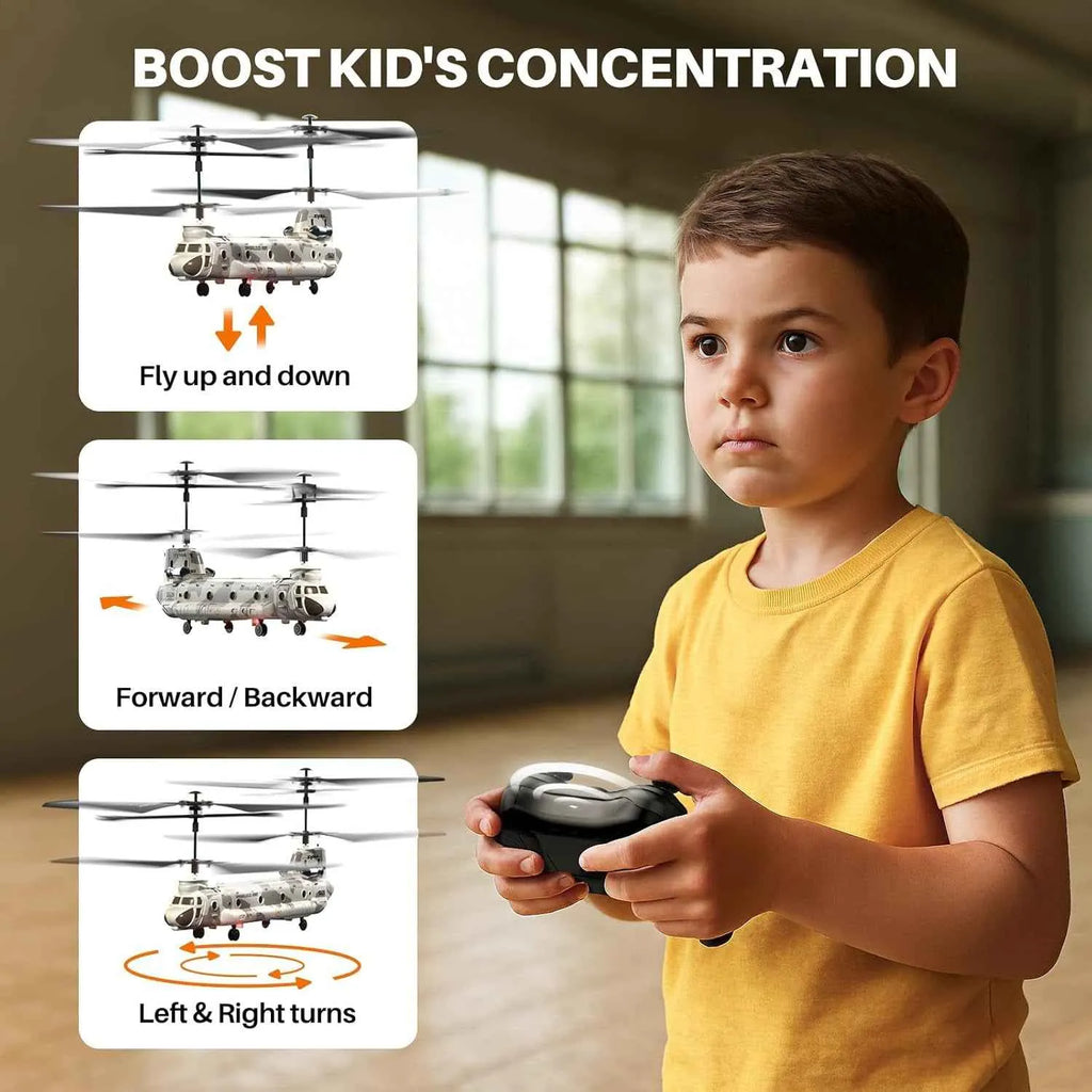 Child playing with a remote control helicopter toy, with instructions on screen.