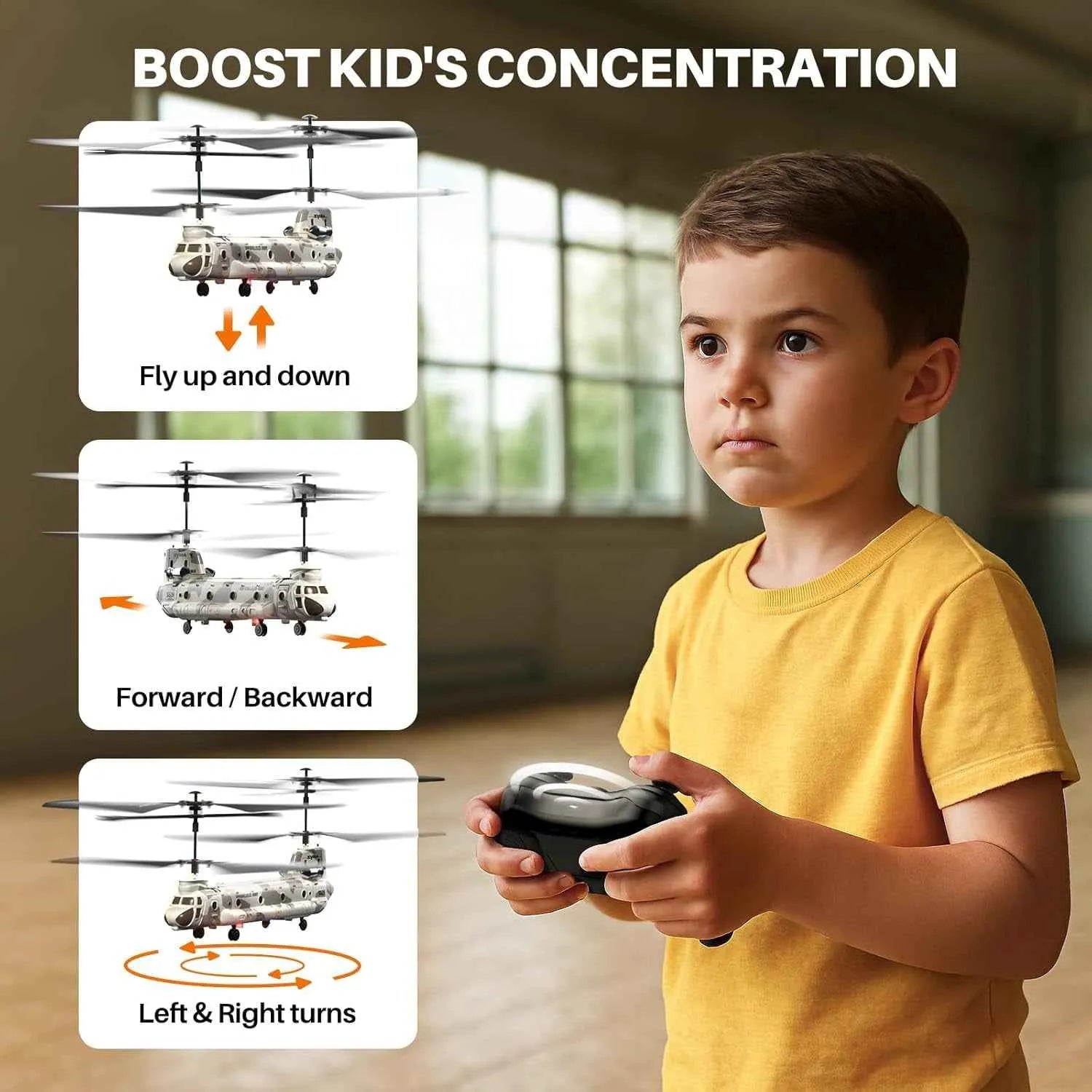 Child playing with a remote control helicopter toy, with instructions on screen.