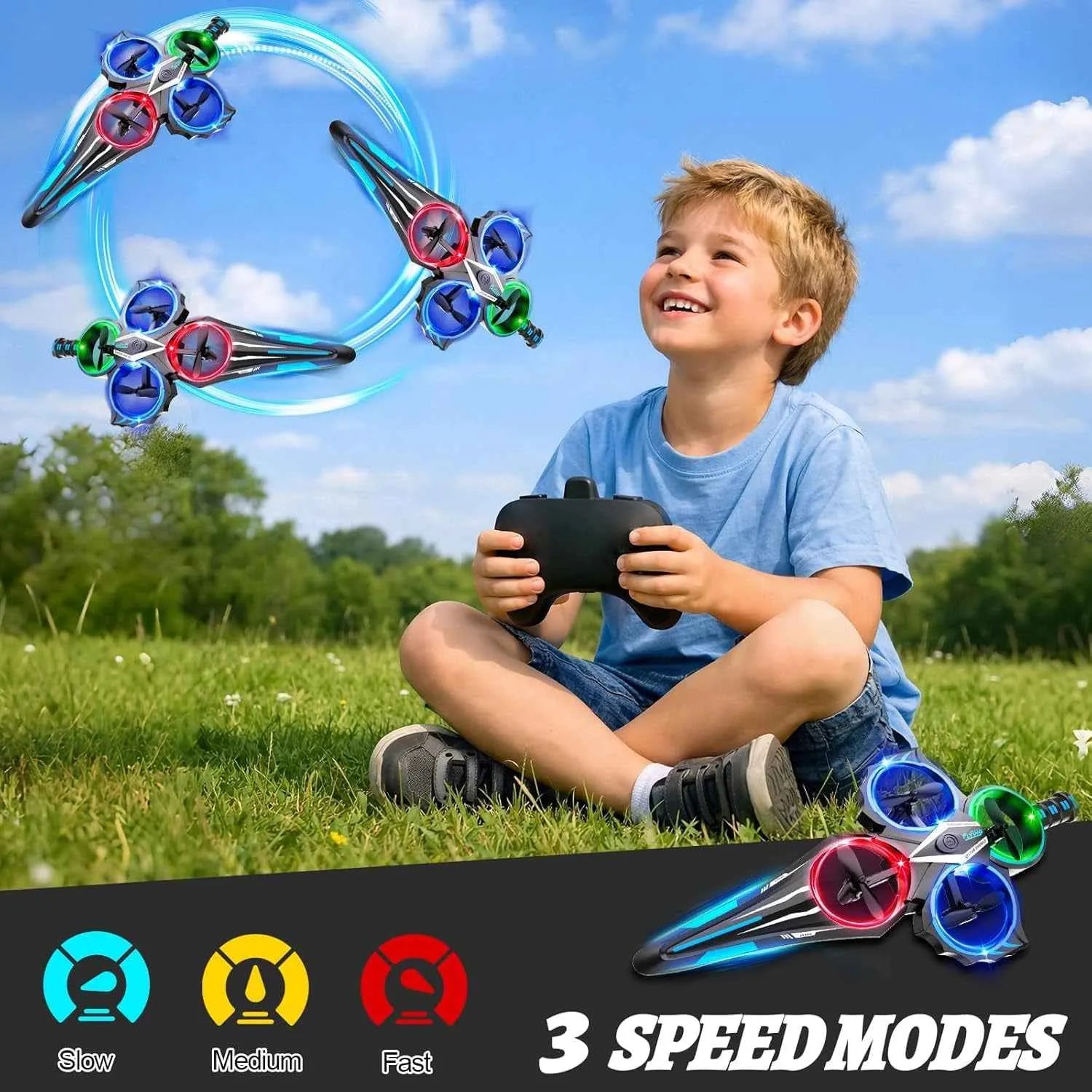 Child playing with a remote control plane in a grassy field with toy parts displayed.