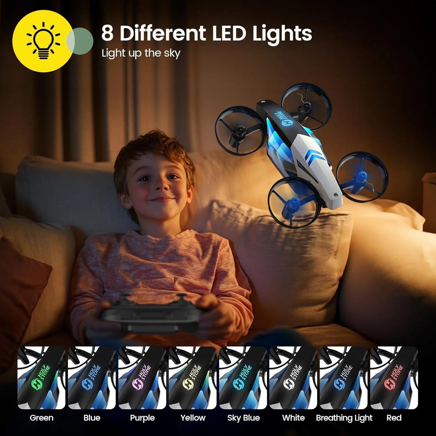 Child playing with a toy RC drone featuring 8 different LED light colors on a couch.