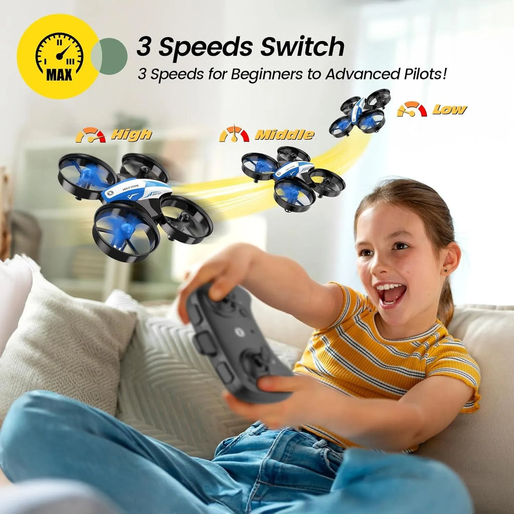 Child playing with an RC drone controller, with text about speed settings.