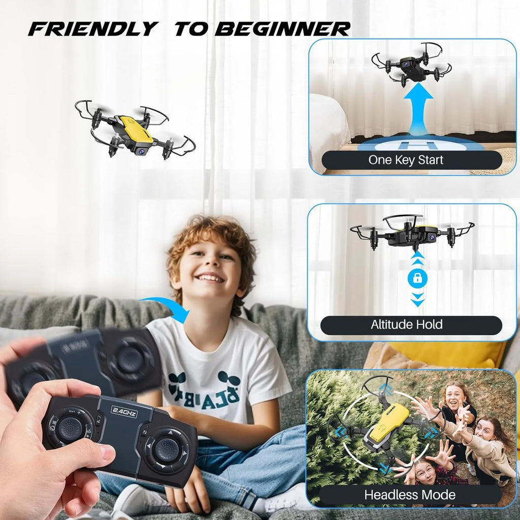 Child playing with an RC drone and controller, with features highlighted on the screen.