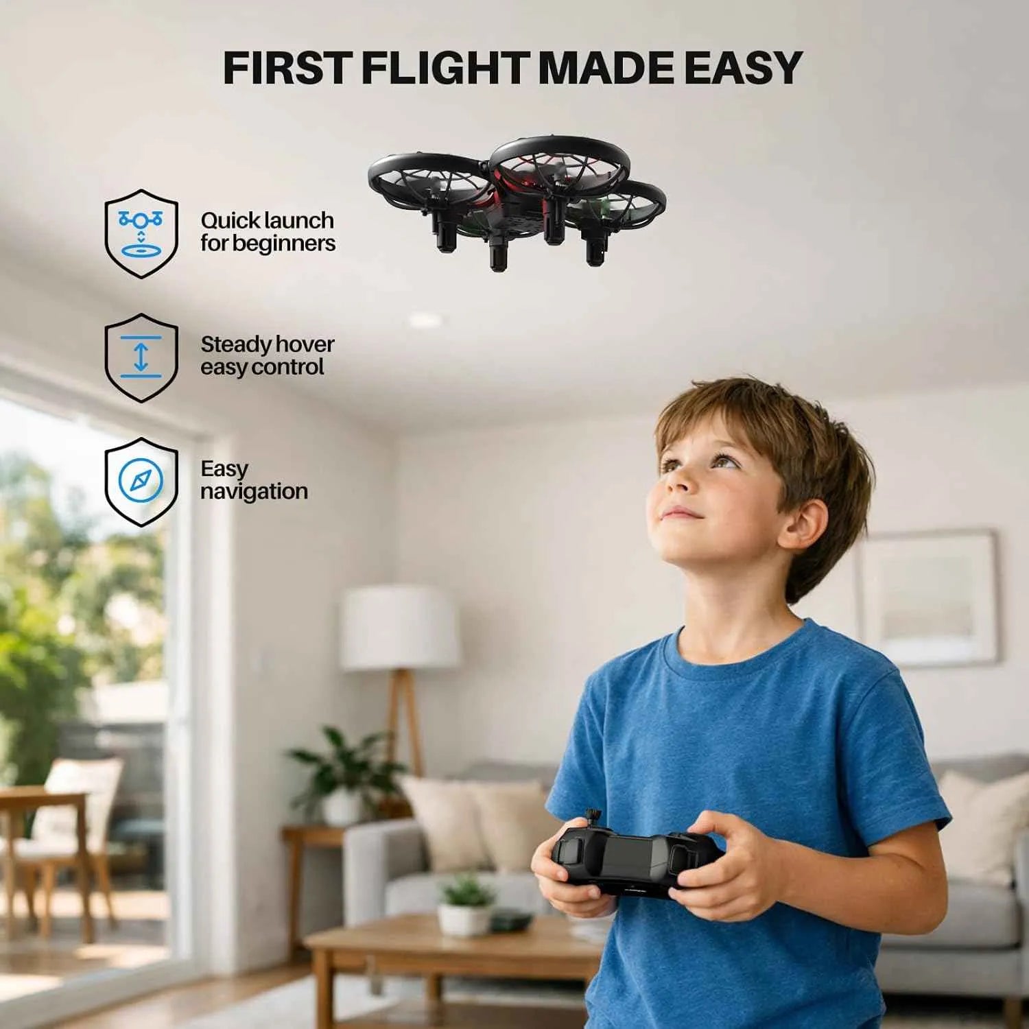 Child playing with an RC drone controller in a living room, with text highlighting features.