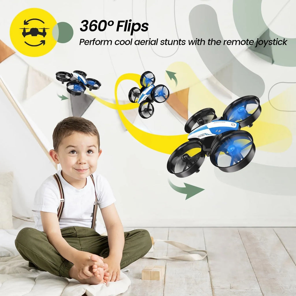 Child sitting on the floor with a remote-controlled drone in the air, featuring text about 360-degree flips.