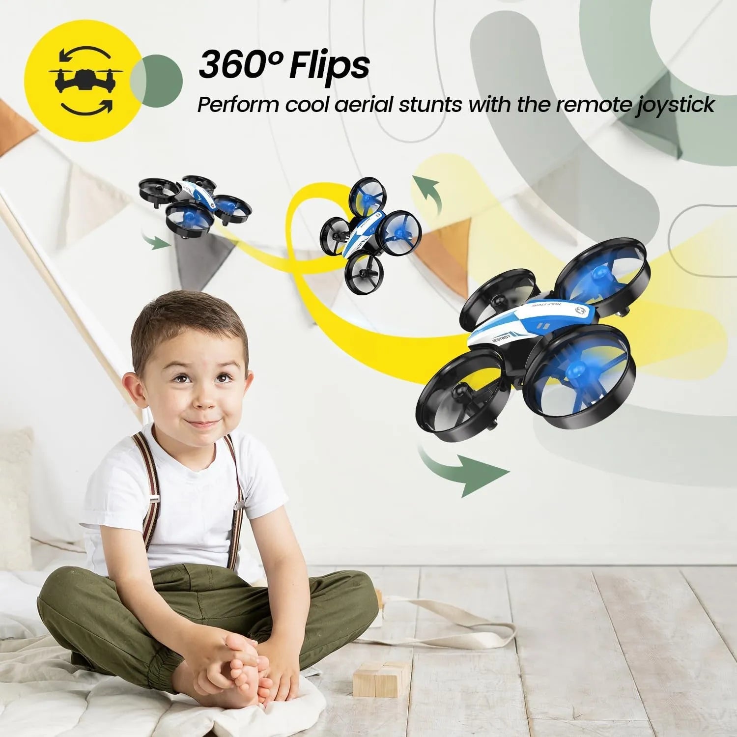 Child sitting on the floor with a remote-controlled drone in the air, featuring text about 360-degree flips.