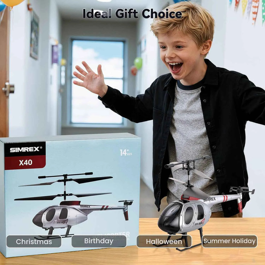 Child with a toy RC helicopter and its packaging in a room setting