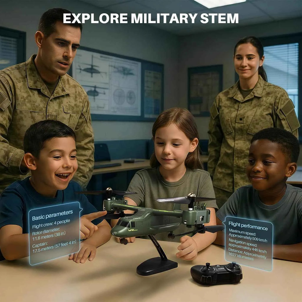 Children and military personnel interacting with a model RC aircraft in an educational setting.
