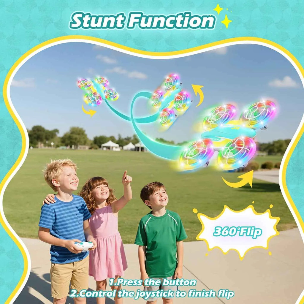 Children playing with a colorful bubble RC toy in an outdoor setting with text highlighting stunt function and 360-degree flip feature.