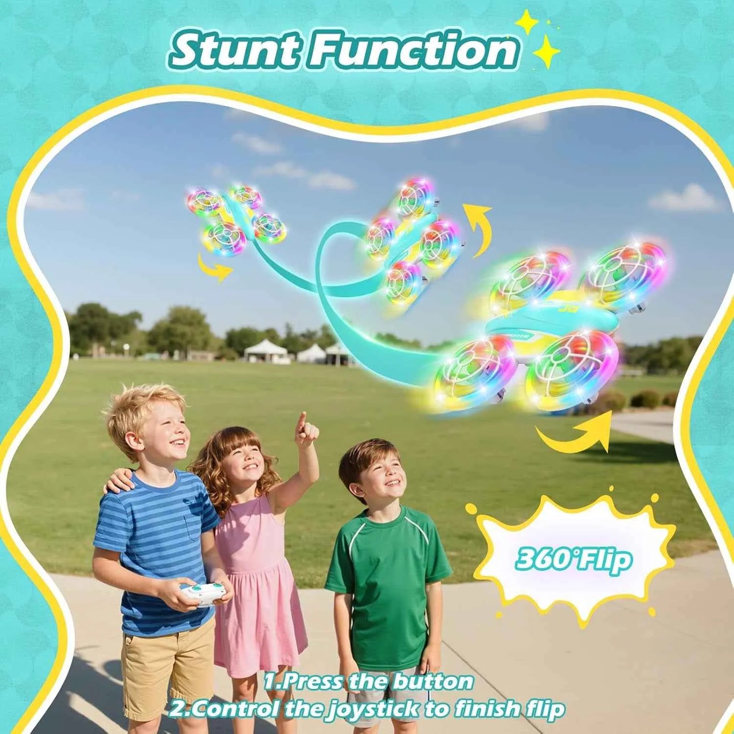 Children playing with a colorful bubble RC toy in an outdoor setting with text highlighting stunt function and 360-degree flip feature.