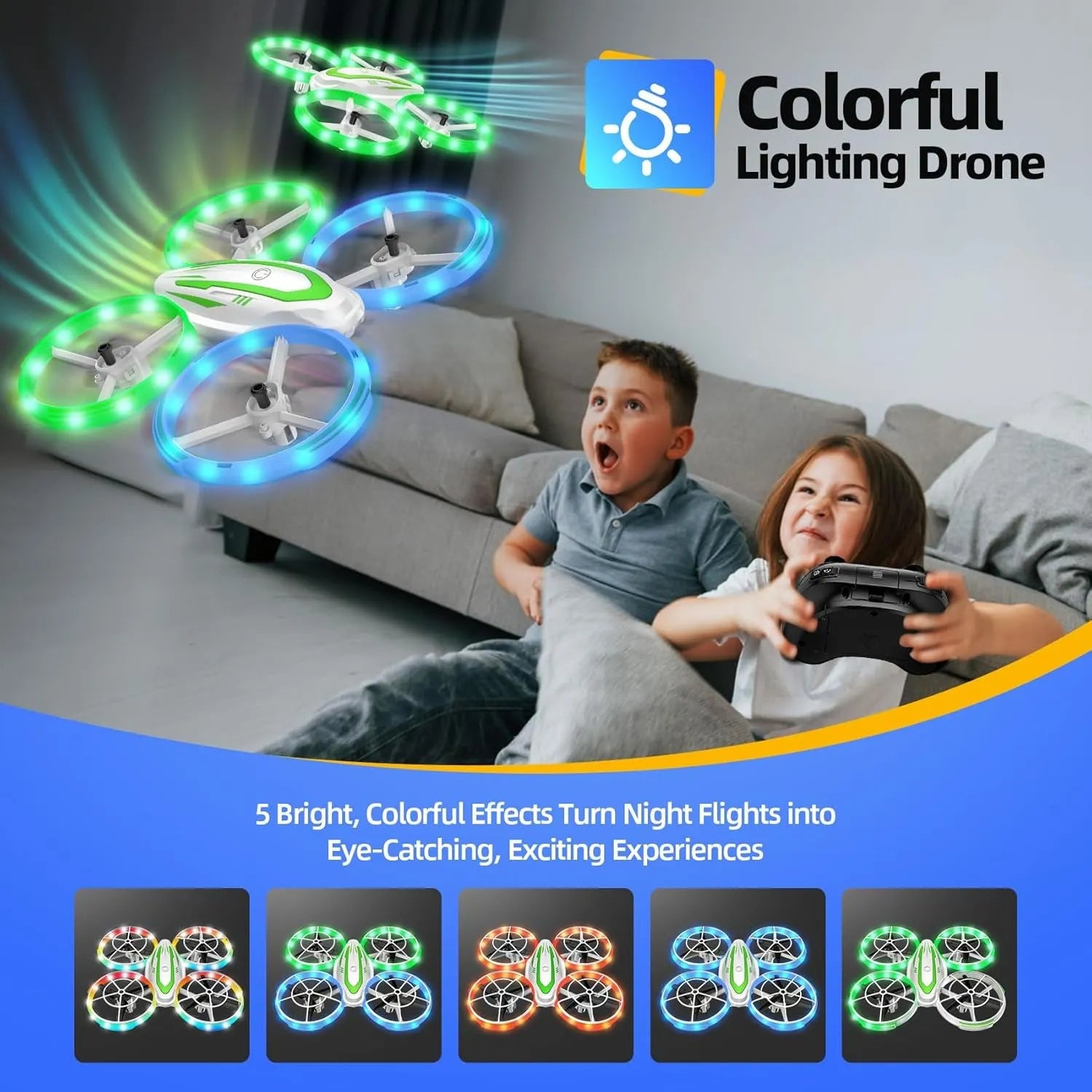Children playing with a colorful lighting RC drone in a living room.
