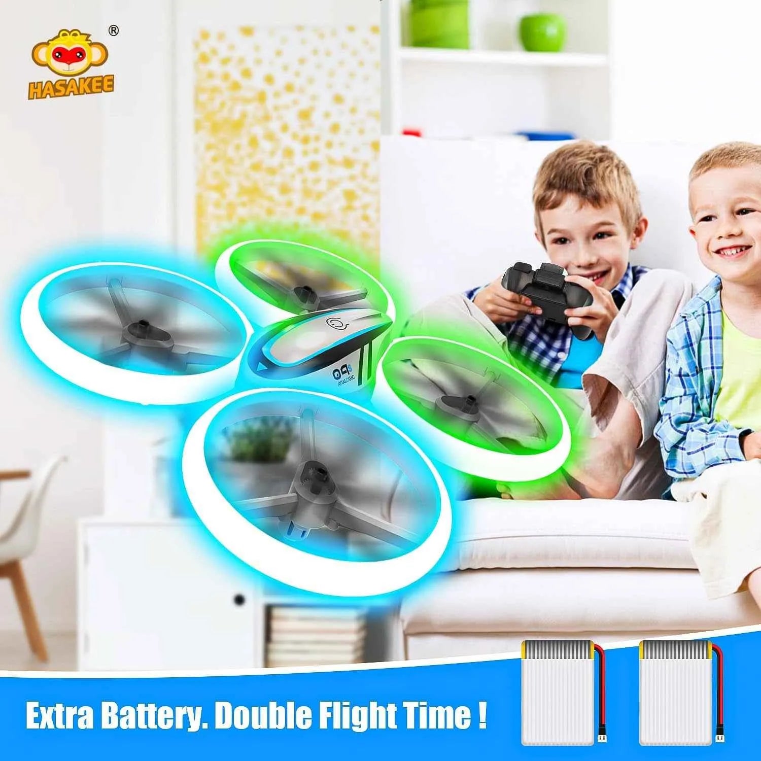 Children playing with an RC drone in a living room, focusing on the drone's design and features.