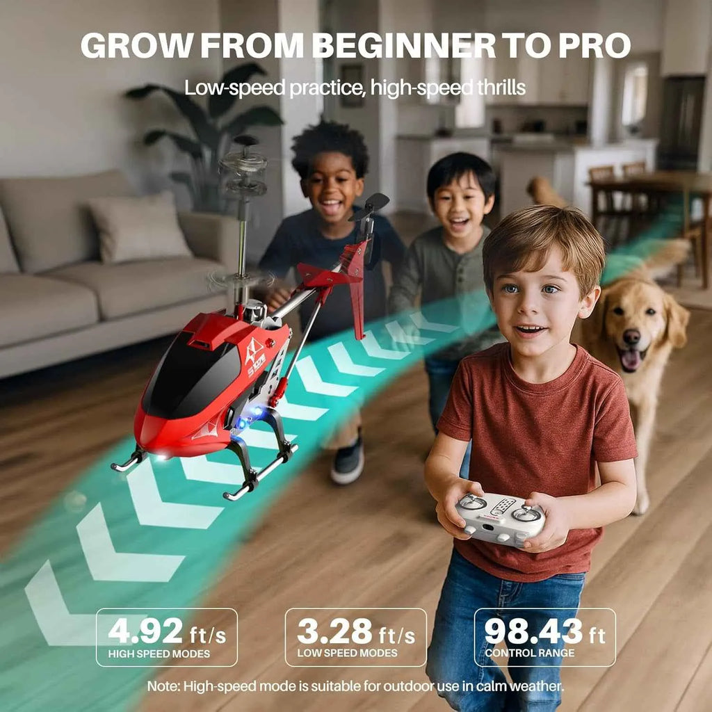 Children playing with a RC helicopter in a living room.