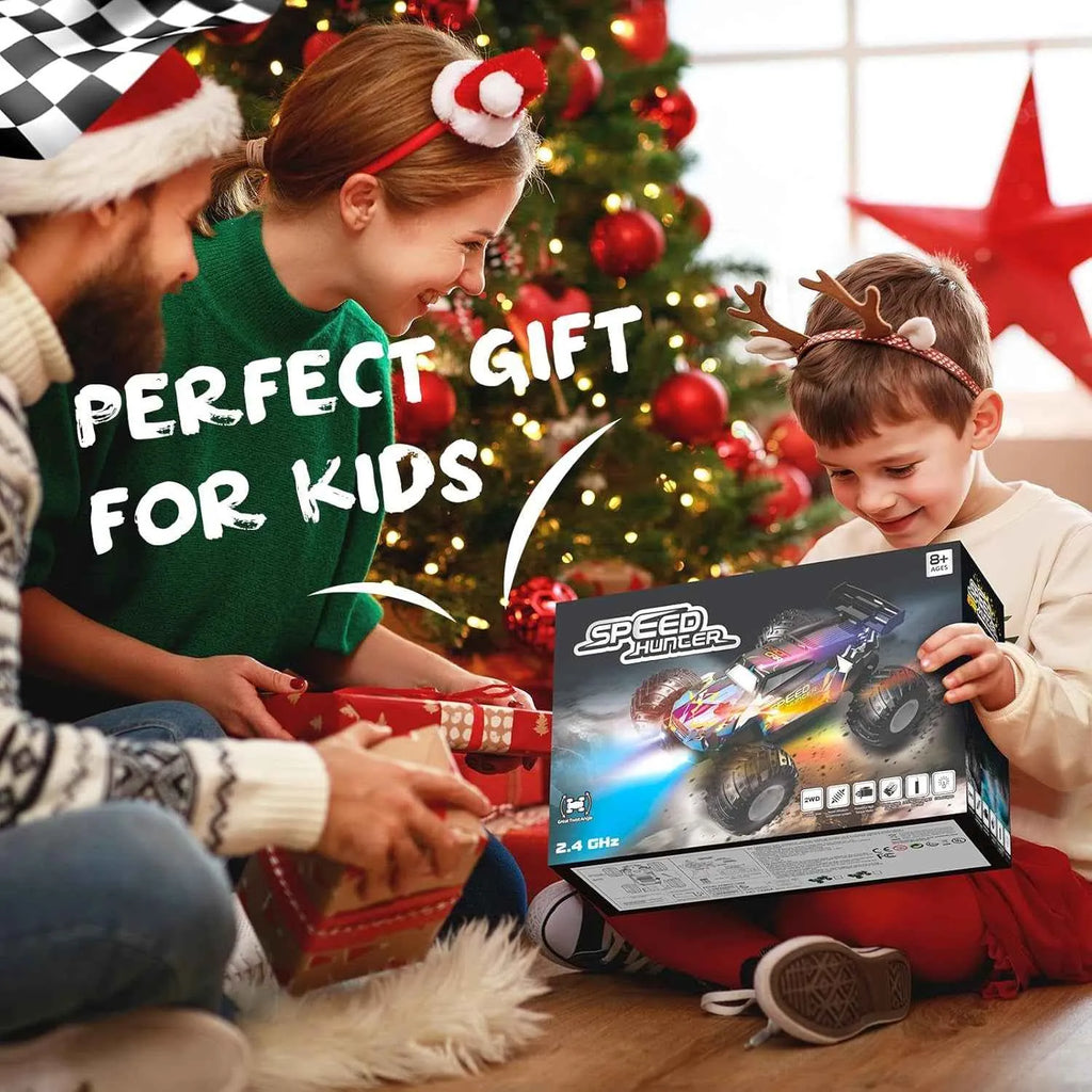 Children playing with a RC monster truck in front of a Christmas tree, with text 'Perfect Gift for Kids'.